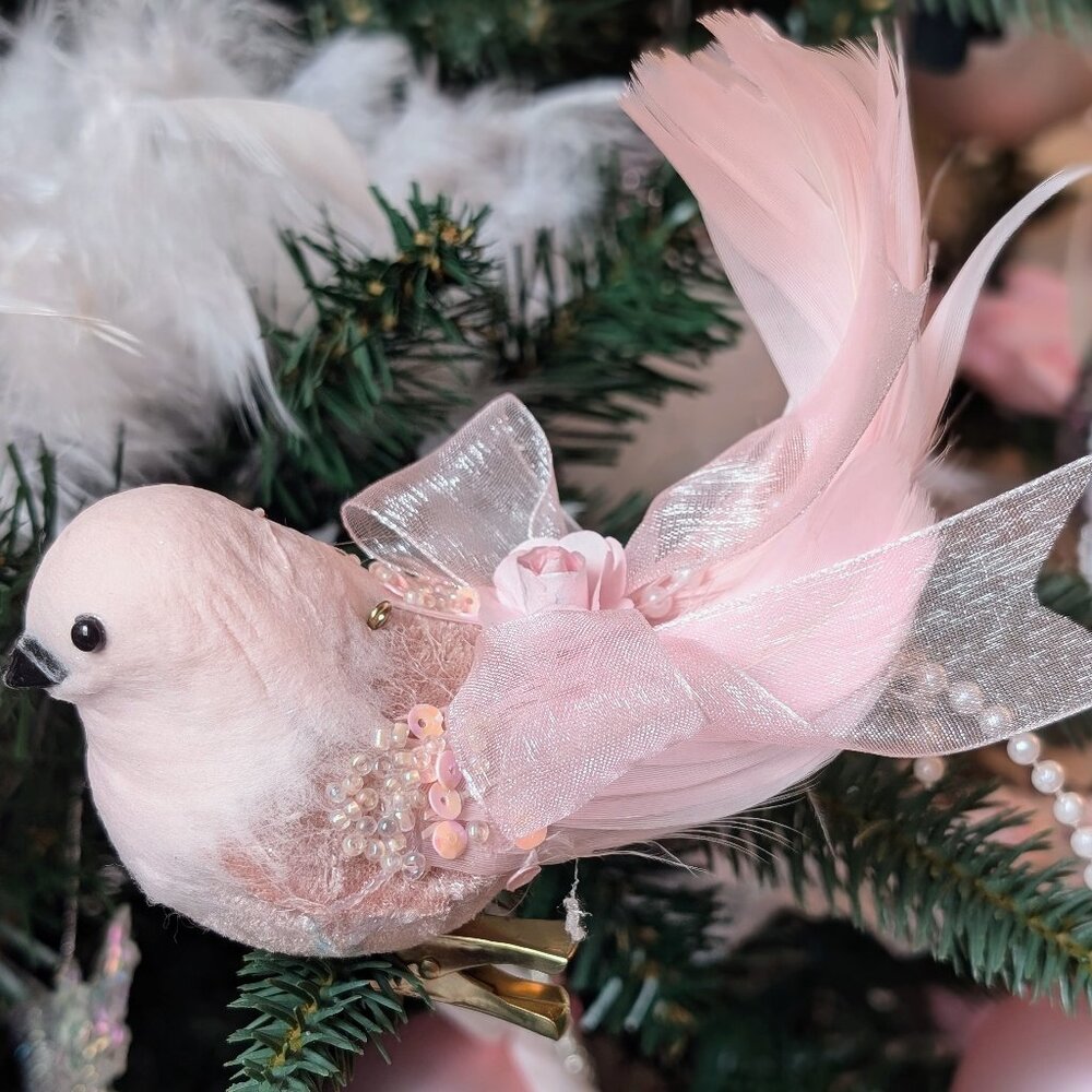 Shabby Chic Victorian Beaded Pink Bird Roses Pearls Clip Christmas Tree Ornament